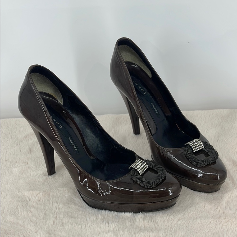 ALBANO SIZE 37 /6.5 MADE IN ITALY Brown High Heel Pumps with Embellishe…